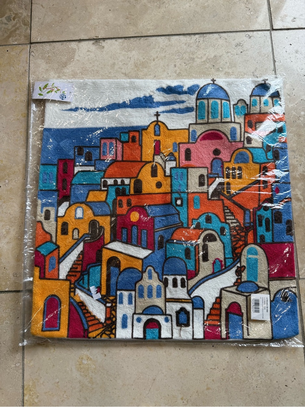Vibrant Mediterranean Village pillow cover or Wall Art - Blue, Orange, Pink